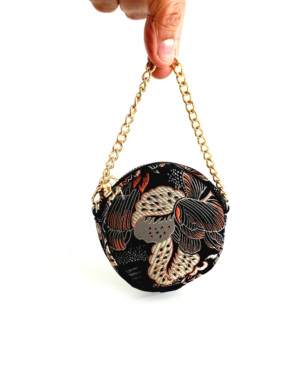 Floral Round Mini Wristlet Bag with Gold Chain - Black